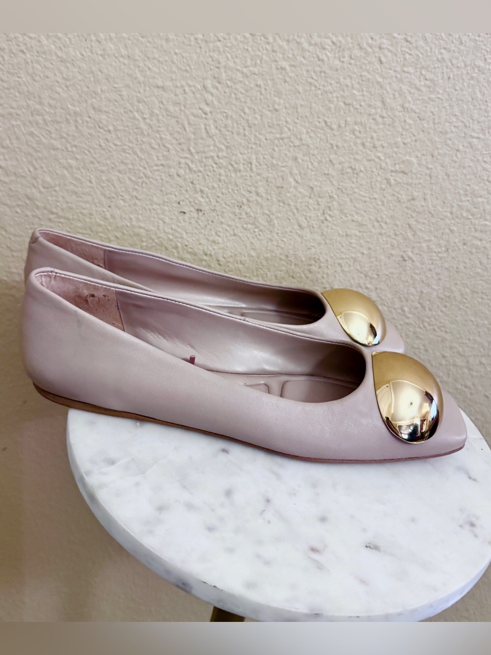 Franco Sarto balletcore preppy leather beige golden embellishment shoes size 8.5